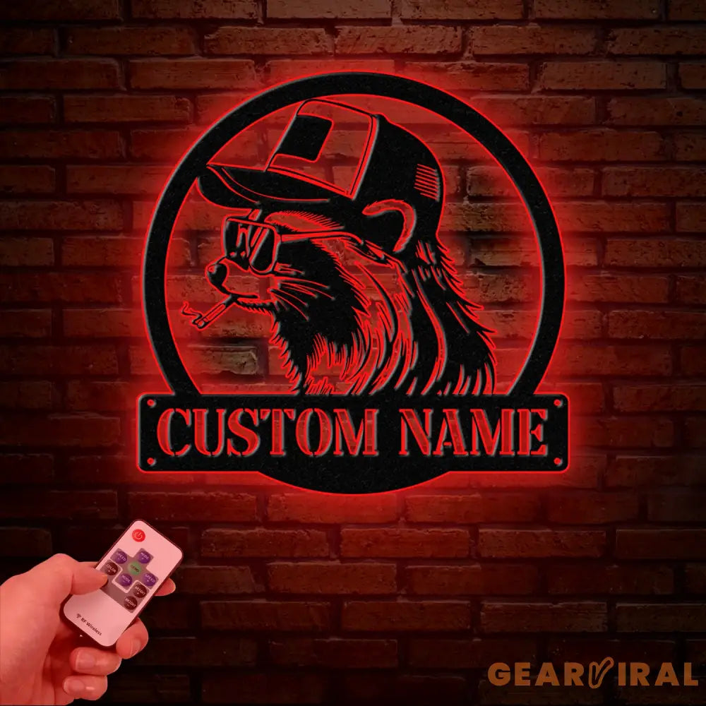 Custom Raccoon Trucker Hat & Sunglasses Metal Sign with Led Light Personalized Raccoon Name Sign Wall Decor for Cabin