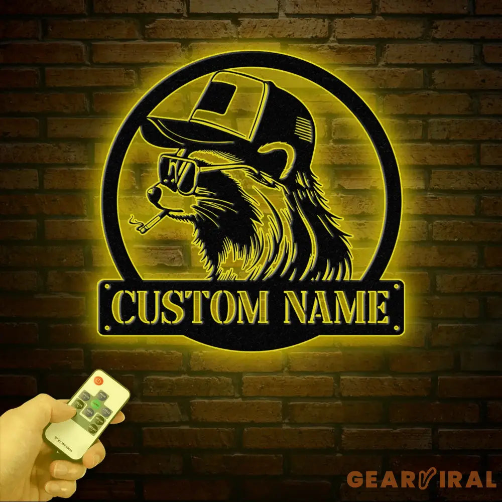 Custom Raccoon Trucker Hat & Sunglasses Metal Sign with Led Light Personalized Raccoon Name Sign Wall Decor for Cabin