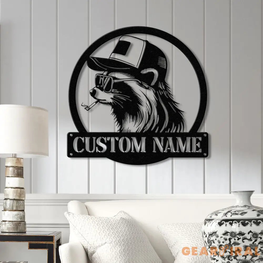 Custom Raccoon Trucker Hat & Sunglasses Metal Sign with Led Light Personalized Raccoon Name Sign Wall Decor for Cabin