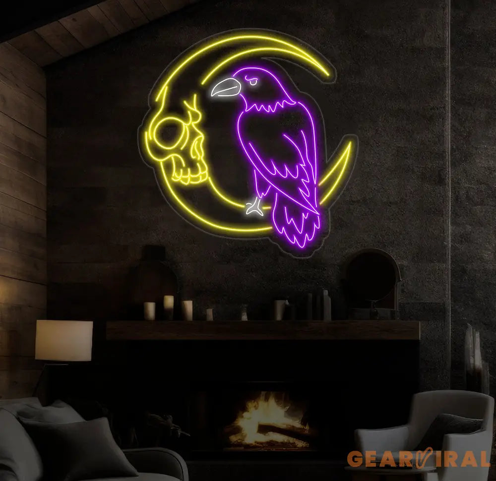 Custom Raven And Moon Skull Neon Sign Raven Led Sign Raven Neon Light Bird Led Light Animal Wall Art Light Gift for