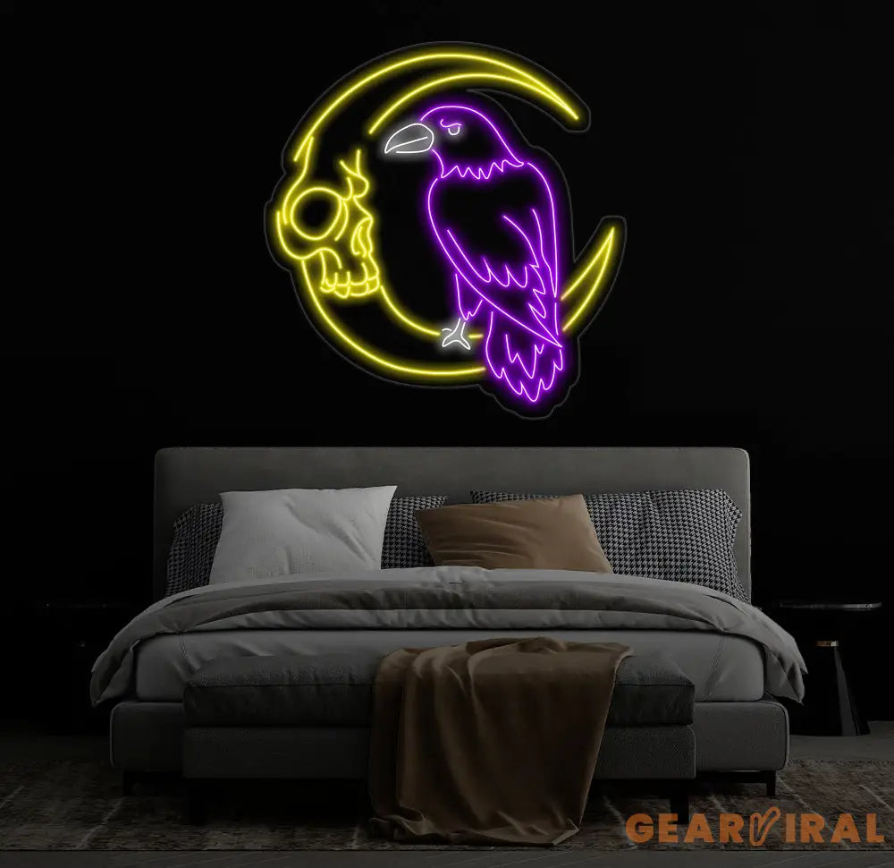 Custom Raven And Moon Skull Neon Sign Raven Led Sign Raven Neon Light Bird Led Light Animal Wall Art Light Gift for