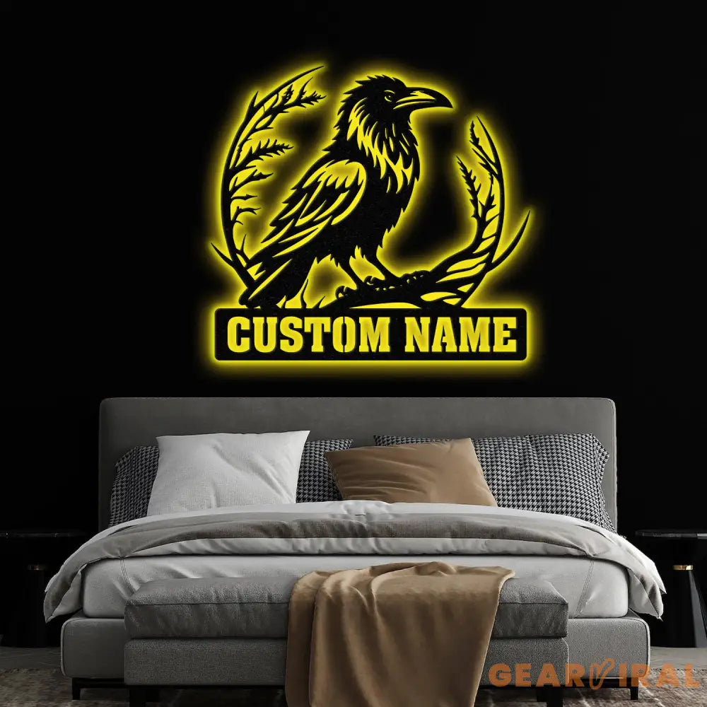 Custom Raven Metal Sign with Led Lights Personalized Black Crow Name Sign Metal Crow Wall Art Raven Birdwatch Decor