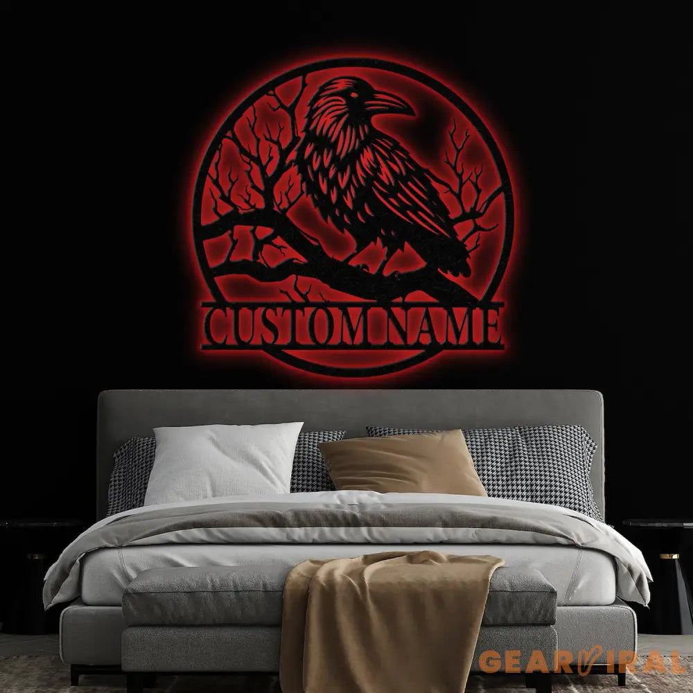 Custom Raven Metal Sign with Led Lights Personalized Black Crow Name Sign Metal Crow Wall Art Raven Birdwatch Decor
