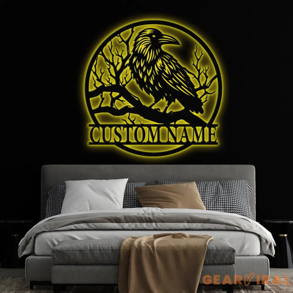 Custom Raven Metal Sign with Led Lights Personalized Black Crow Name Sign Metal Crow Wall Art Raven Birdwatch Decor