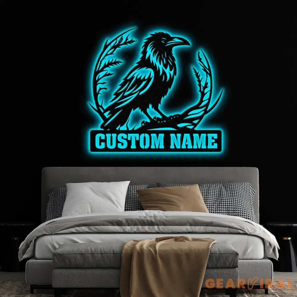 Custom Raven Metal Sign with Led Lights Personalized Black Crow Name Sign Metal Crow Wall Art Raven Birdwatch Decor