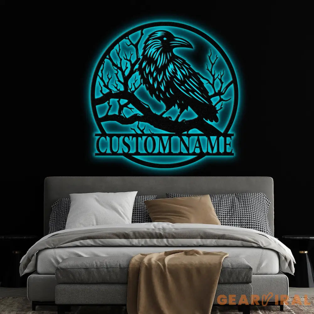 Custom Raven Metal Sign with Led Lights Personalized Black Crow Name Sign Metal Crow Wall Art Raven Birdwatch Decor