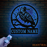 Custom Raven Metal Sign with Led Lights Personalized Black Crow Name Sign Metal Crow Wall Art Raven Birdwatch Decor
