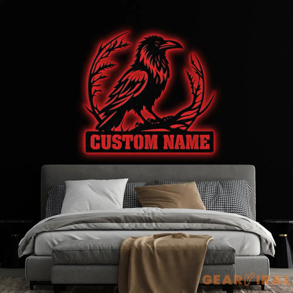 Custom Raven Metal Sign with Led Lights Personalized Black Crow Name Sign Metal Crow Wall Art Raven Birdwatch Decor
