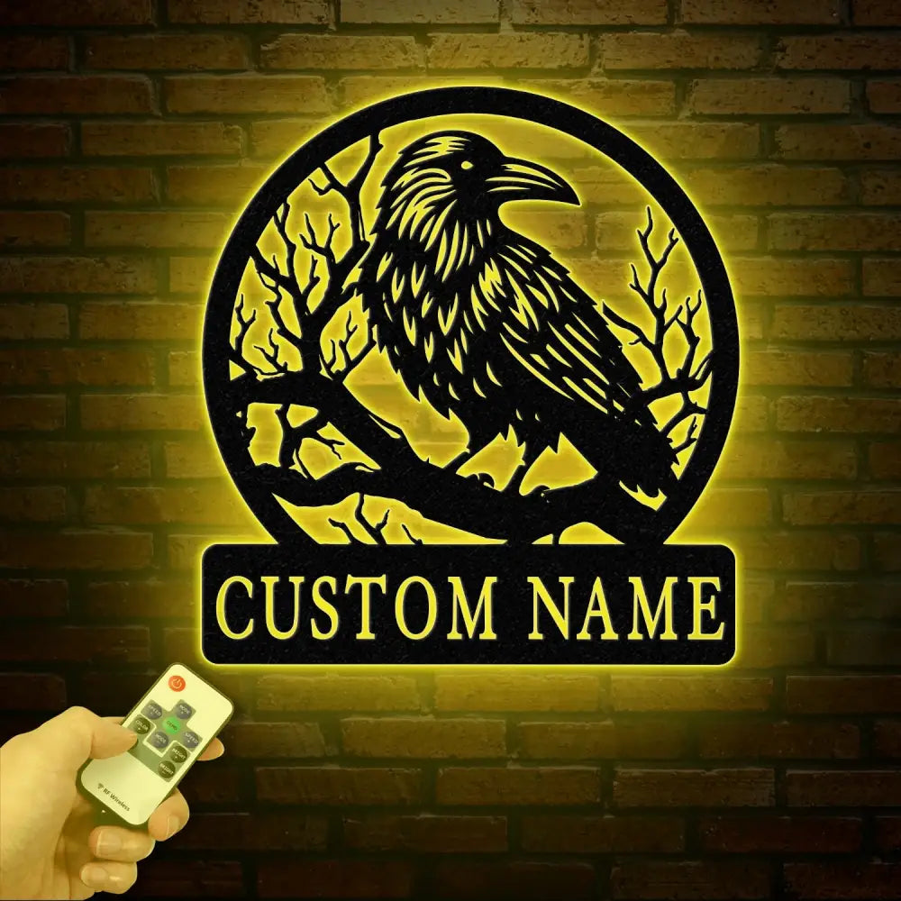 Custom Raven Metal Sign with Led Lights Personalized Black Crow Name Sign Metal Crow Wall Art Raven Birdwatch Decor