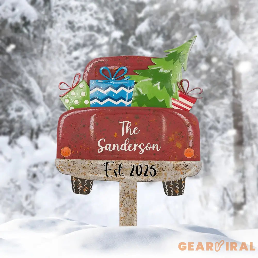 Custom Red Truck Christmas Sign Personalized Family Name Christmas Metal Sign Last Name Family Sign Outdoor Christmas
