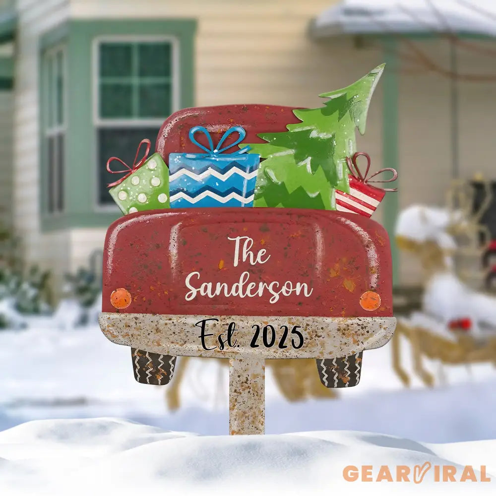 Custom Red Truck Christmas Sign Personalized Family Name Christmas Metal Sign Last Name Family Sign Outdoor Christmas