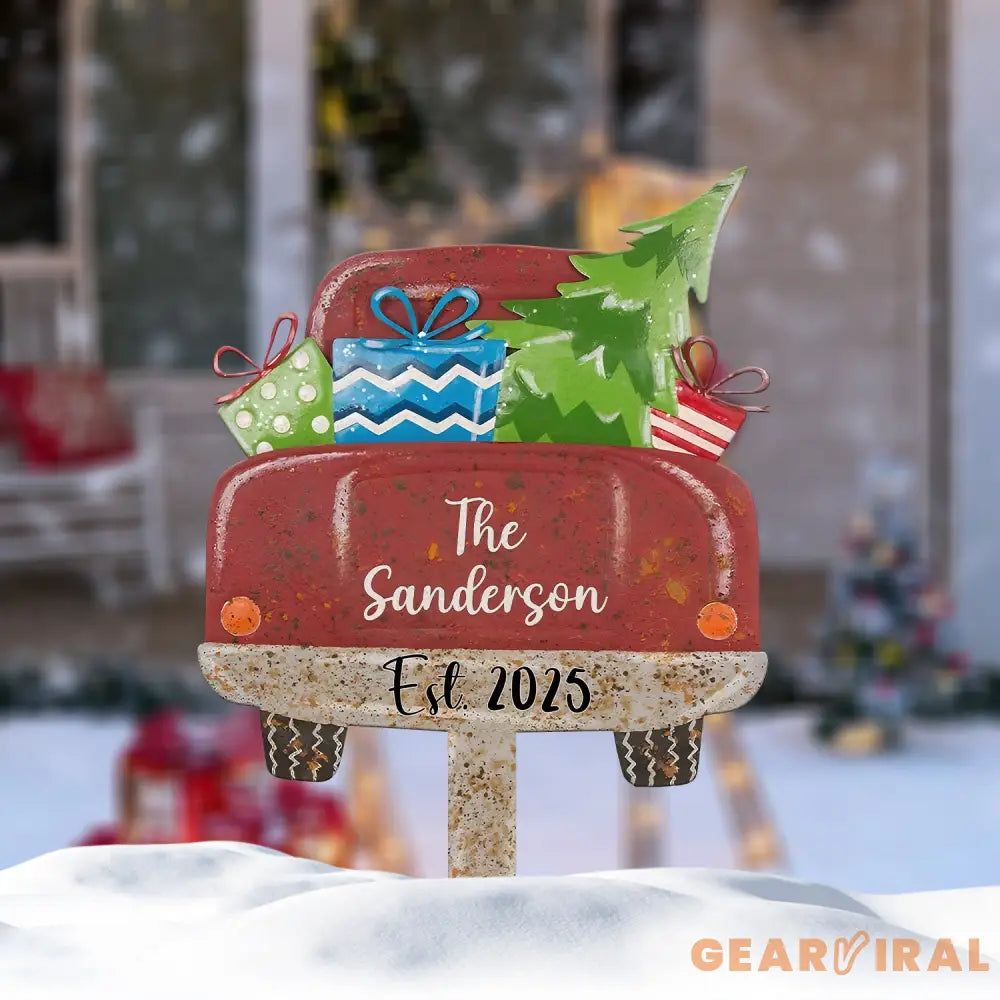 Custom Red Truck Christmas Sign Personalized Family Name Christmas Metal Sign Last Name Family Sign Outdoor Christmas