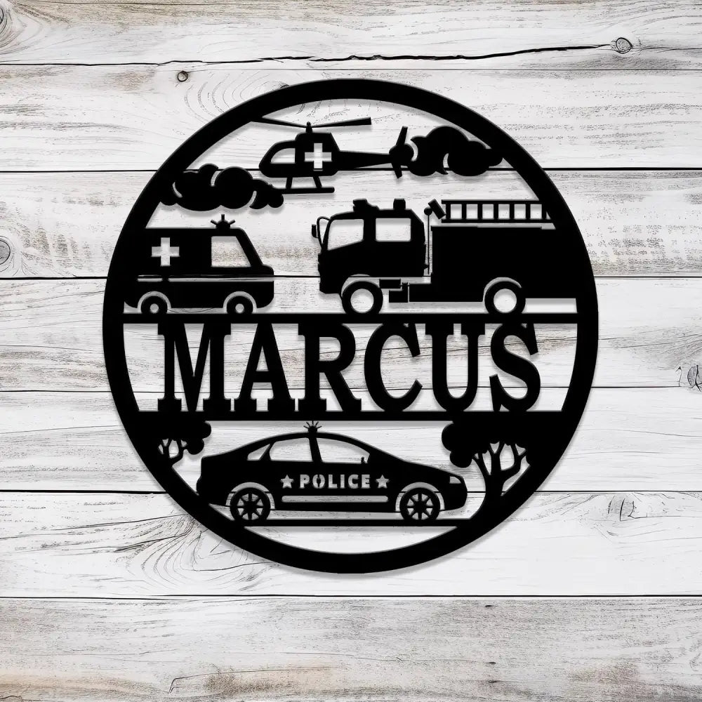 Custom Rescue Vehicles Name Sign Personalized Children’s Metal Name Sign Metal Vehicle Themed Wall Art Kid’s Nursery
