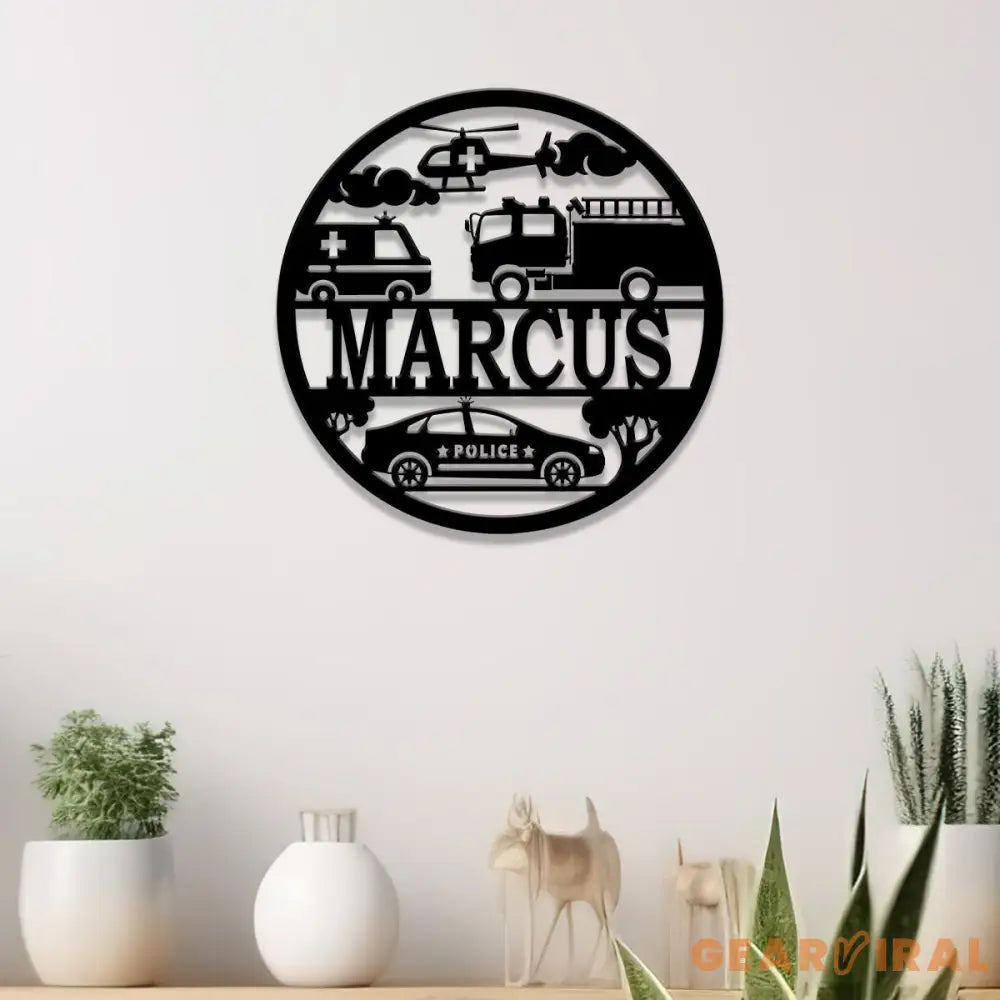 Custom Rescue Vehicles Name Sign Personalized Children’s Metal Name Sign Metal Vehicle Themed Wall Art Kid’s Nursery