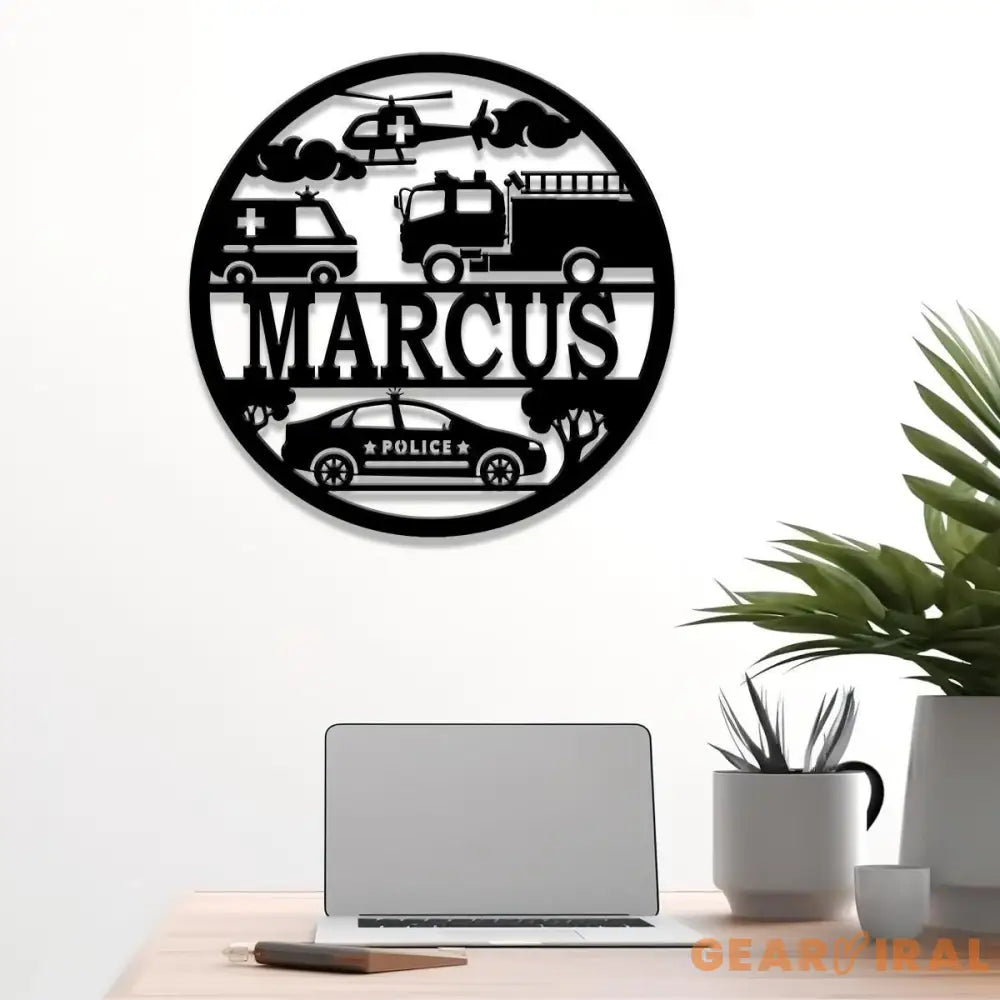 Custom Rescue Vehicles Name Sign Personalized Children’s Metal Name Sign Metal Vehicle Themed Wall Art Kid’s Nursery