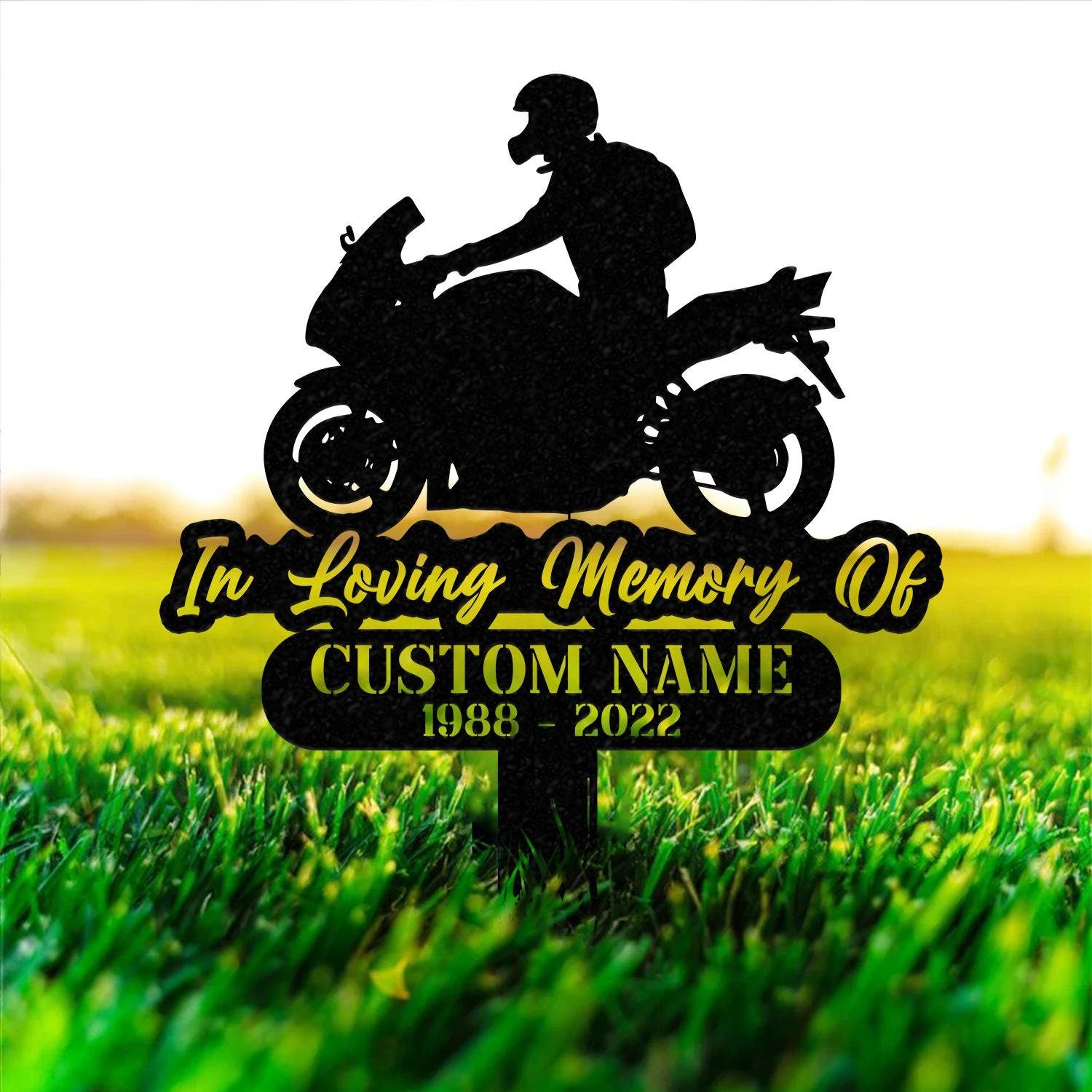 Custom Rider Memorial Metal Stake, Biker Memorial Stake, Motorcycle with Wings Metal Sign, Biker Name Sign, Loss of Loved One, Grave Marker