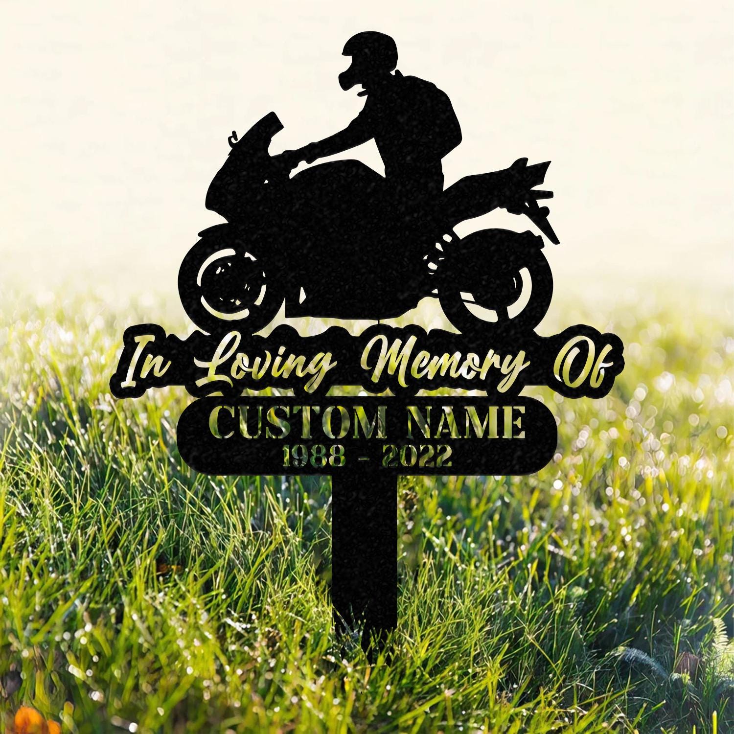 Custom Rider Memorial Metal Stake, Biker Memorial Stake, Motorcycle with Wings Metal Sign, Biker Name Sign, Loss of Loved One, Grave Marker