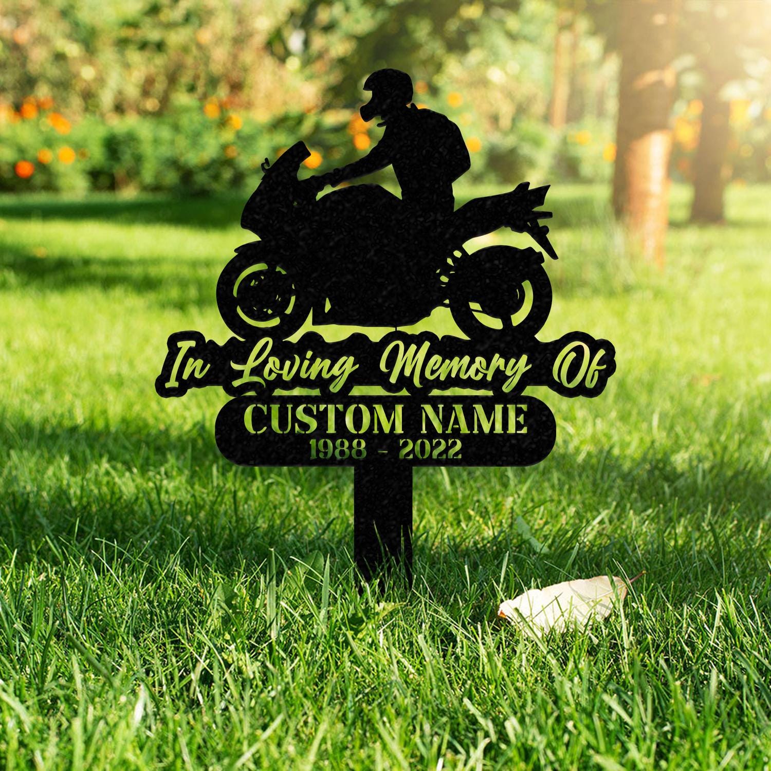 Custom Rider Memorial Metal Stake, Biker Memorial Stake, Motorcycle with Wings Metal Sign, Biker Name Sign, Loss of Loved One, Grave Marker