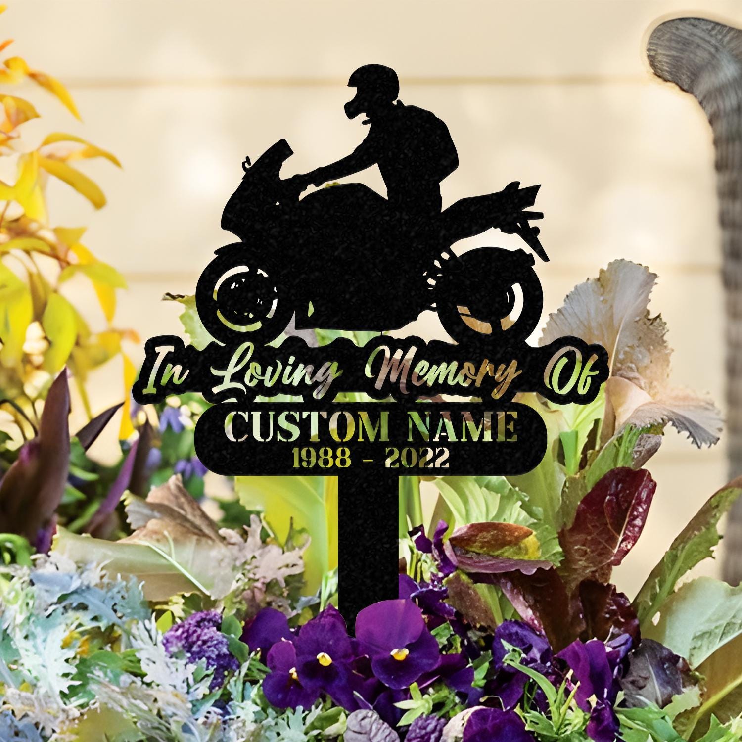 Custom Rider Memorial Metal Stake, Biker Memorial Stake, Motorcycle with Wings Metal Sign, Biker Name Sign, Loss of Loved One, Grave Marker