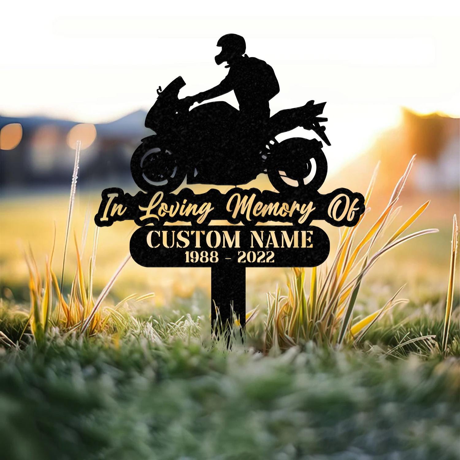 Custom Rider Memorial Metal Stake, Biker Memorial Stake, Motorcycle with Wings Metal Sign, Biker Name Sign, Loss of Loved One, Grave Marker