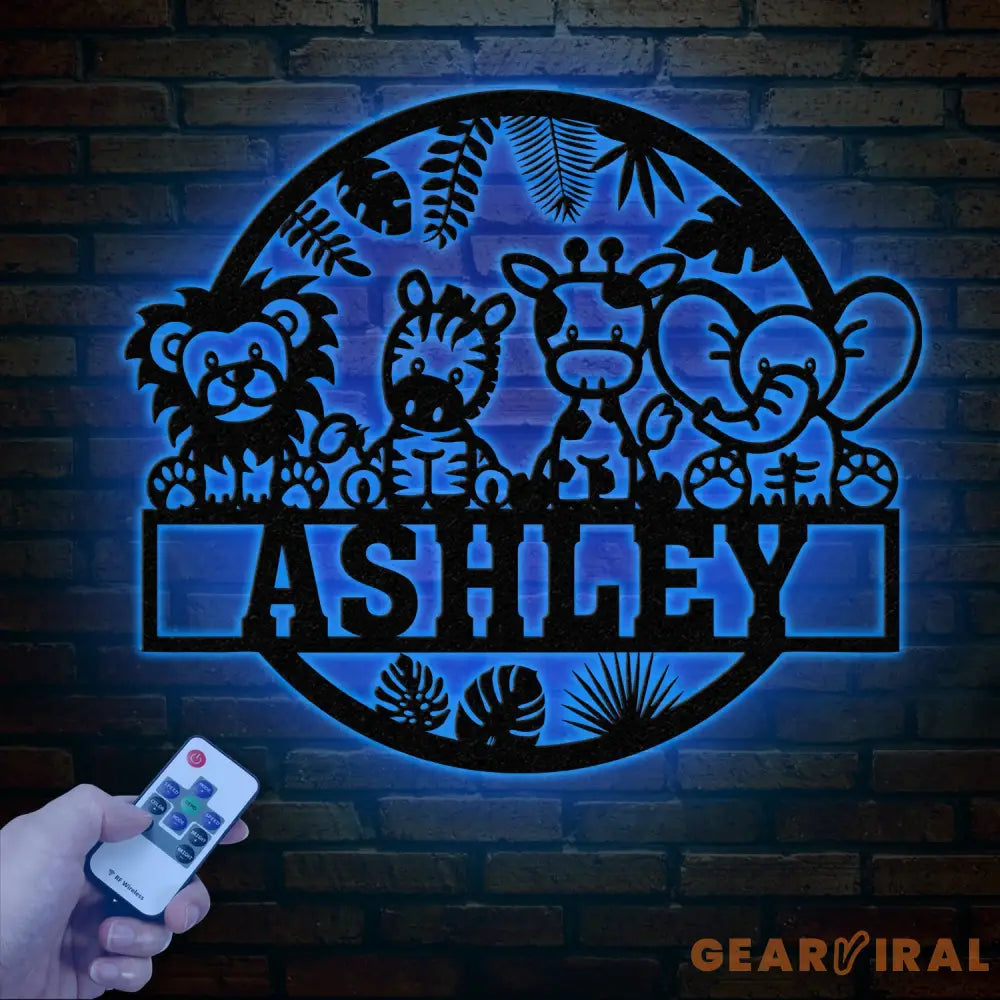 Custom Safari Animals Name Sign with Led Light Metal Safari Sign Safari Nursery Decor Animal Name Sign Kid’s Nursery