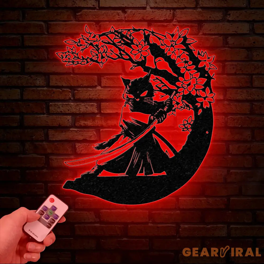 Custom Samurai Cat Wall Art with Led Lights Personalized Cute Samurai Cat Metal Sign Japanese Art Decor Cat Sign Decor