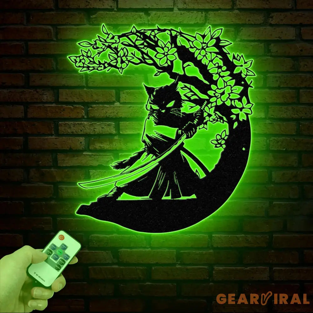 Custom Samurai Cat Wall Art with Led Lights Personalized Cute Samurai Cat Metal Sign Japanese Art Decor Cat Sign Decor