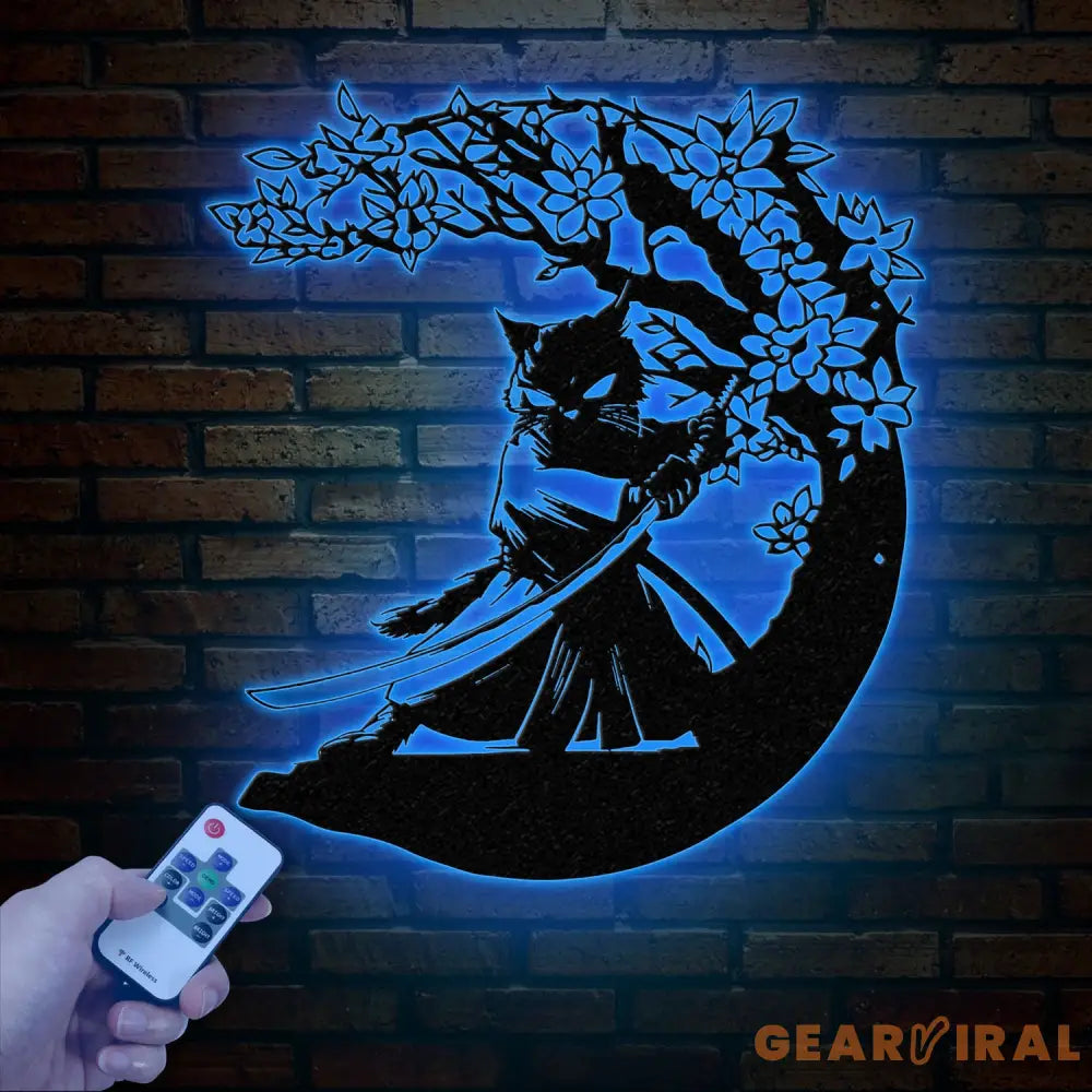 Custom Samurai Cat Wall Art with Led Lights Personalized Cute Samurai Cat Metal Sign Japanese Art Decor Cat Sign Decor