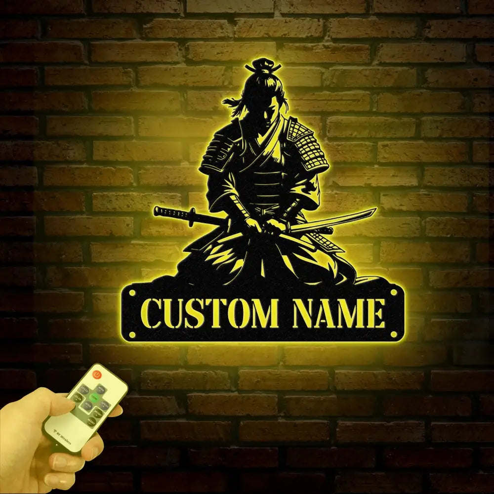 Custom Samurai Metal Wall Art with LED Lights Personalized Japanese Warrior Silhouette Decor Man Cave Night Light or