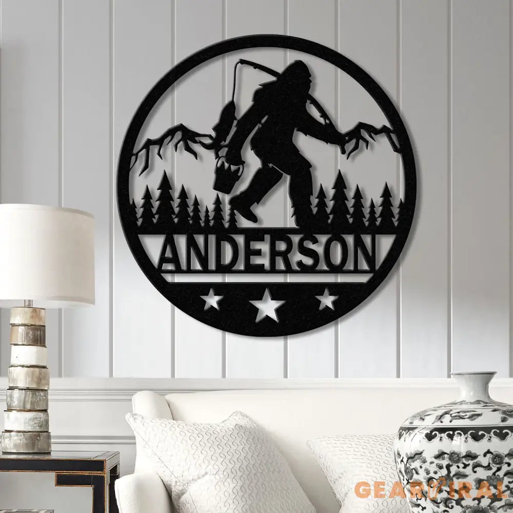 Custom Sasquatch Fishing Metal Sign - Bigfoot Mountain Yard Art Personalized Metal Yeti Sign Outdoor Bigfoot Yard Decor