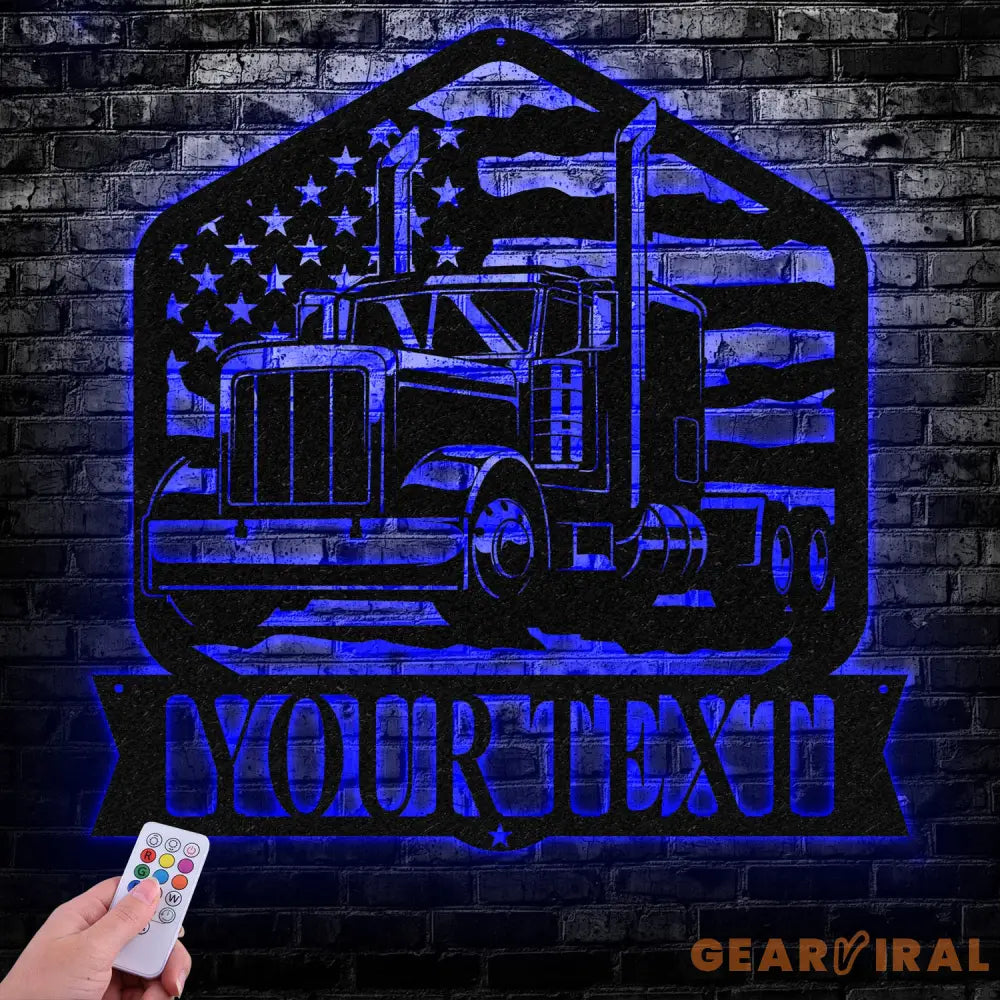 Custom Semi Truck Driver US Flag Metal Wall Art LED Light Personalized Trucker Name Sign Man Cave Decor