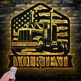 Custom Semi Truck Driver US Flag Metal Wall Art LED Light Personalized Trucker Name Sign Man Cave Decor