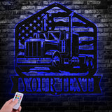 Custom Semi Truck Driver US Flag Metal Wall Art LED Light, Personalized Trucker Name Sign, Man Cave Decor