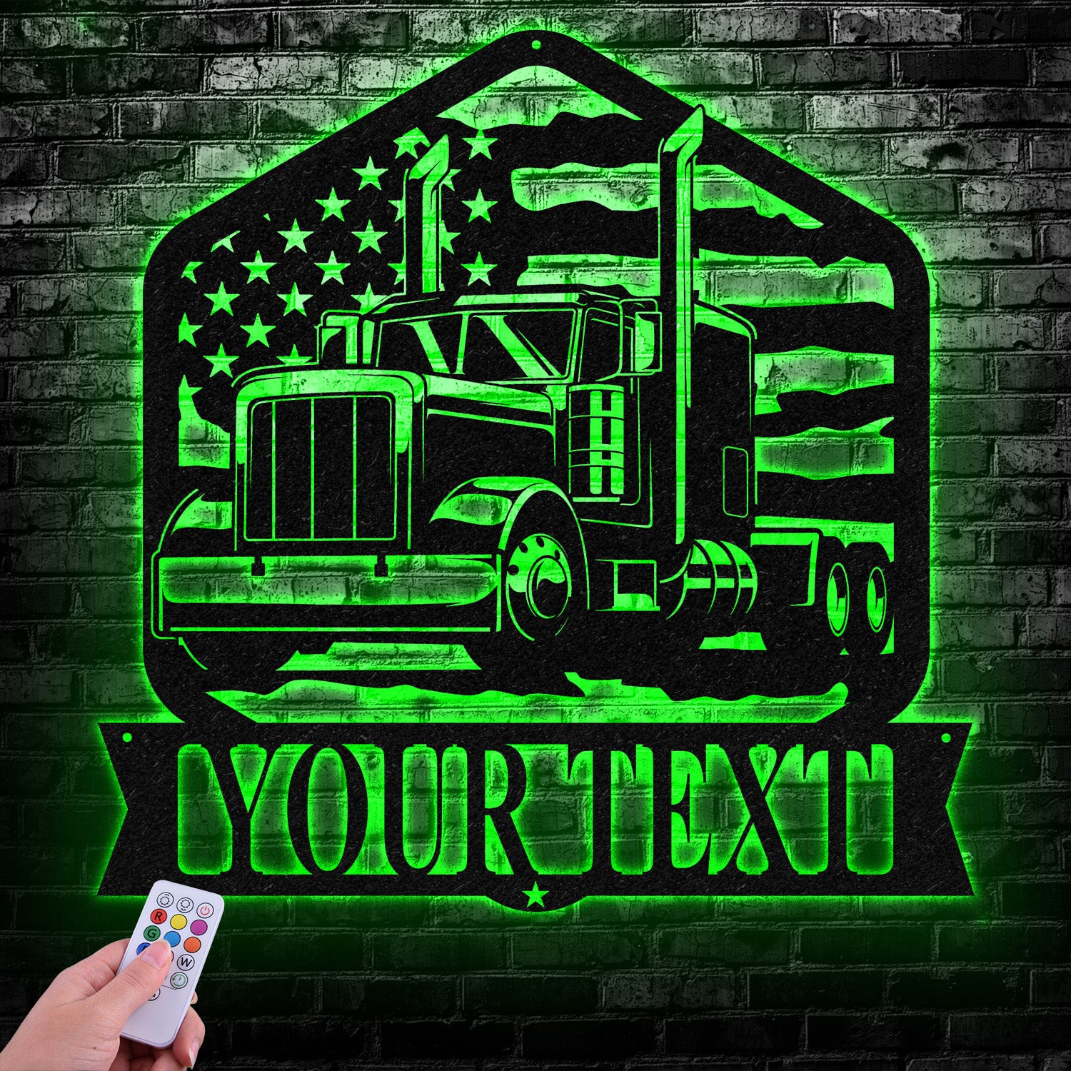 Custom Semi Truck Driver US Flag Metal Wall Art LED Light, Personalized Trucker Name Sign, Man Cave Decor