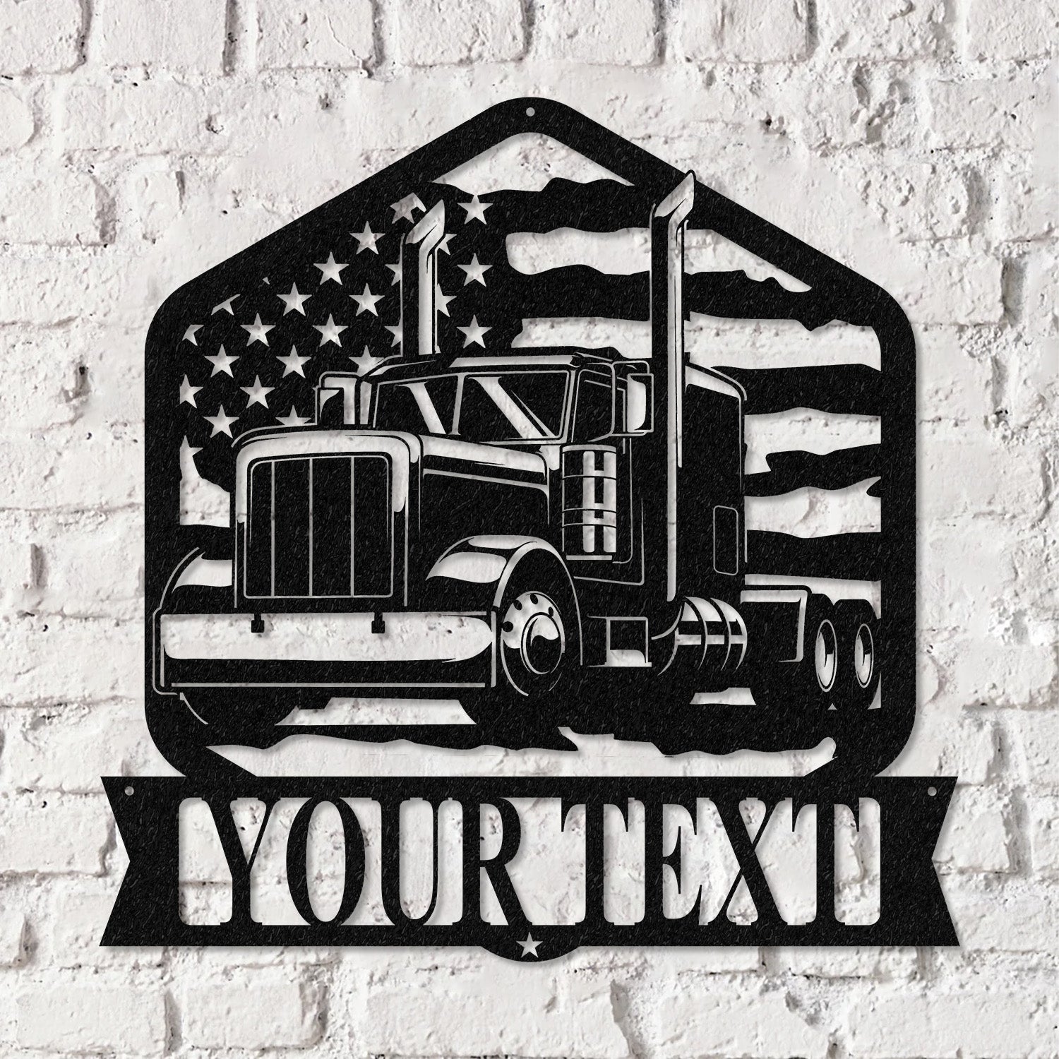 Custom Semi Truck Driver US Flag Metal Wall Art LED Light, Personalized Trucker Name Sign, Man Cave Decor