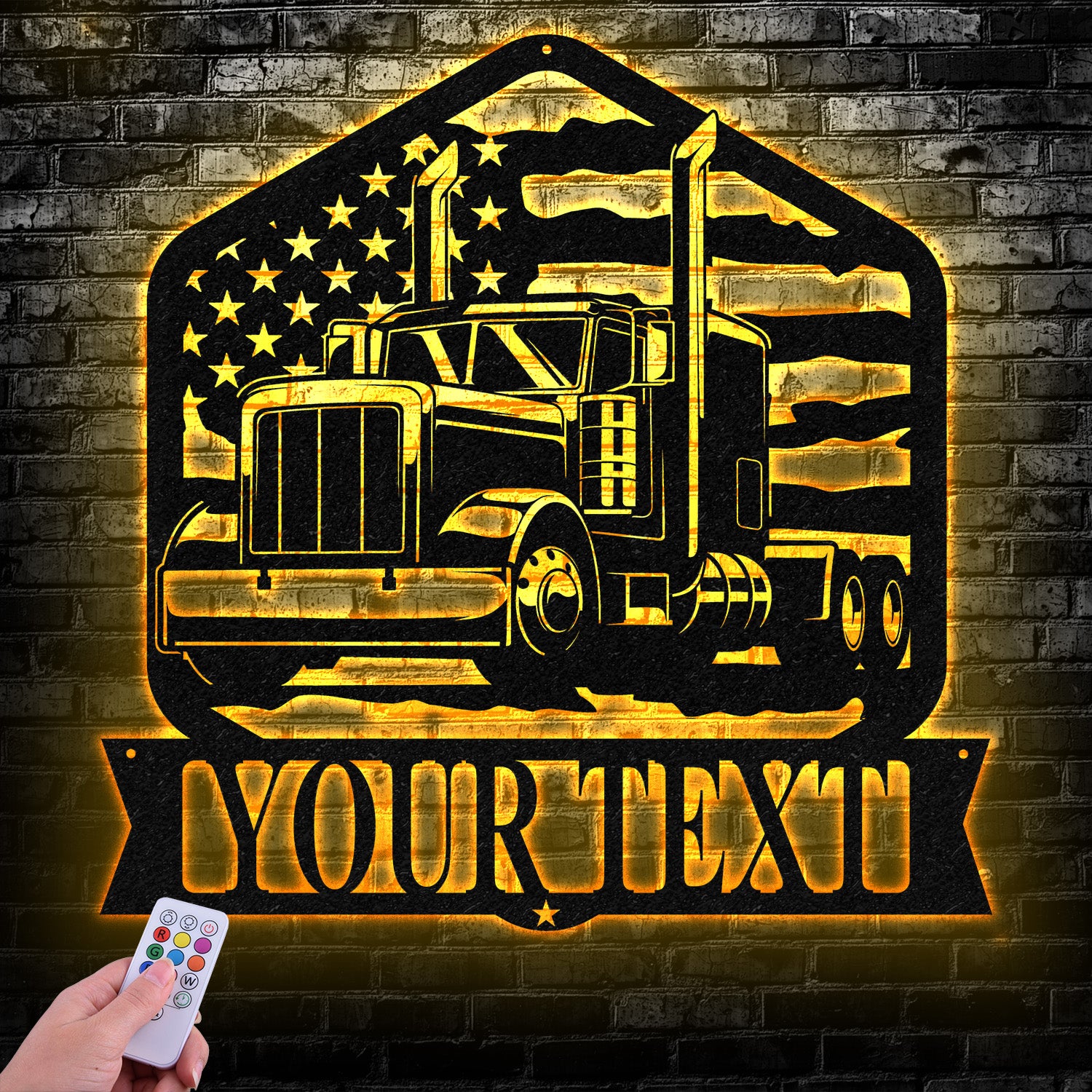 Custom Semi Truck Driver US Flag Metal Wall Art LED Light, Personalized Trucker Name Sign, Man Cave Decor