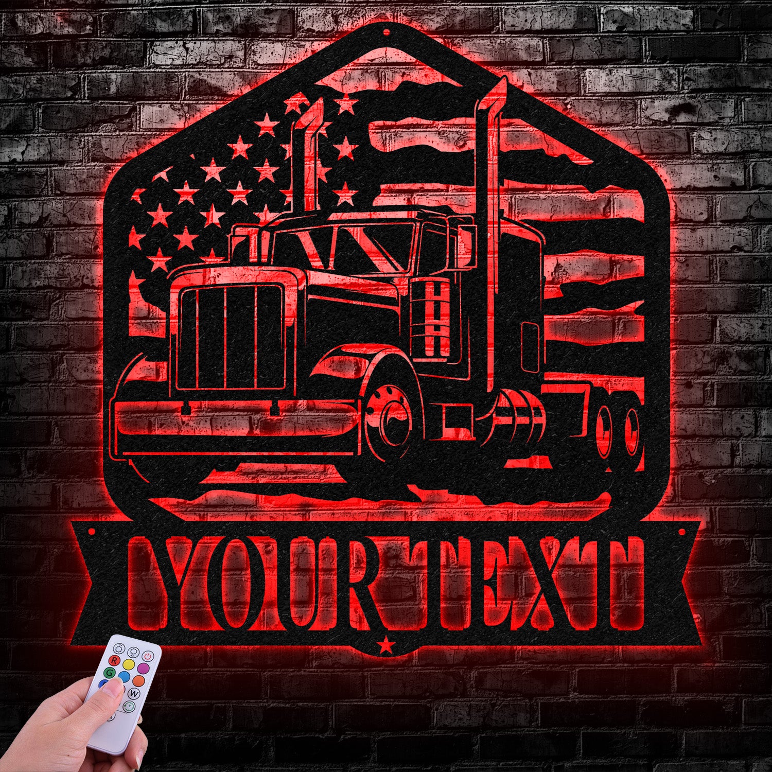 Custom Semi Truck Driver US Flag Metal Wall Art LED Light, Personalized Trucker Name Sign, Man Cave Decor