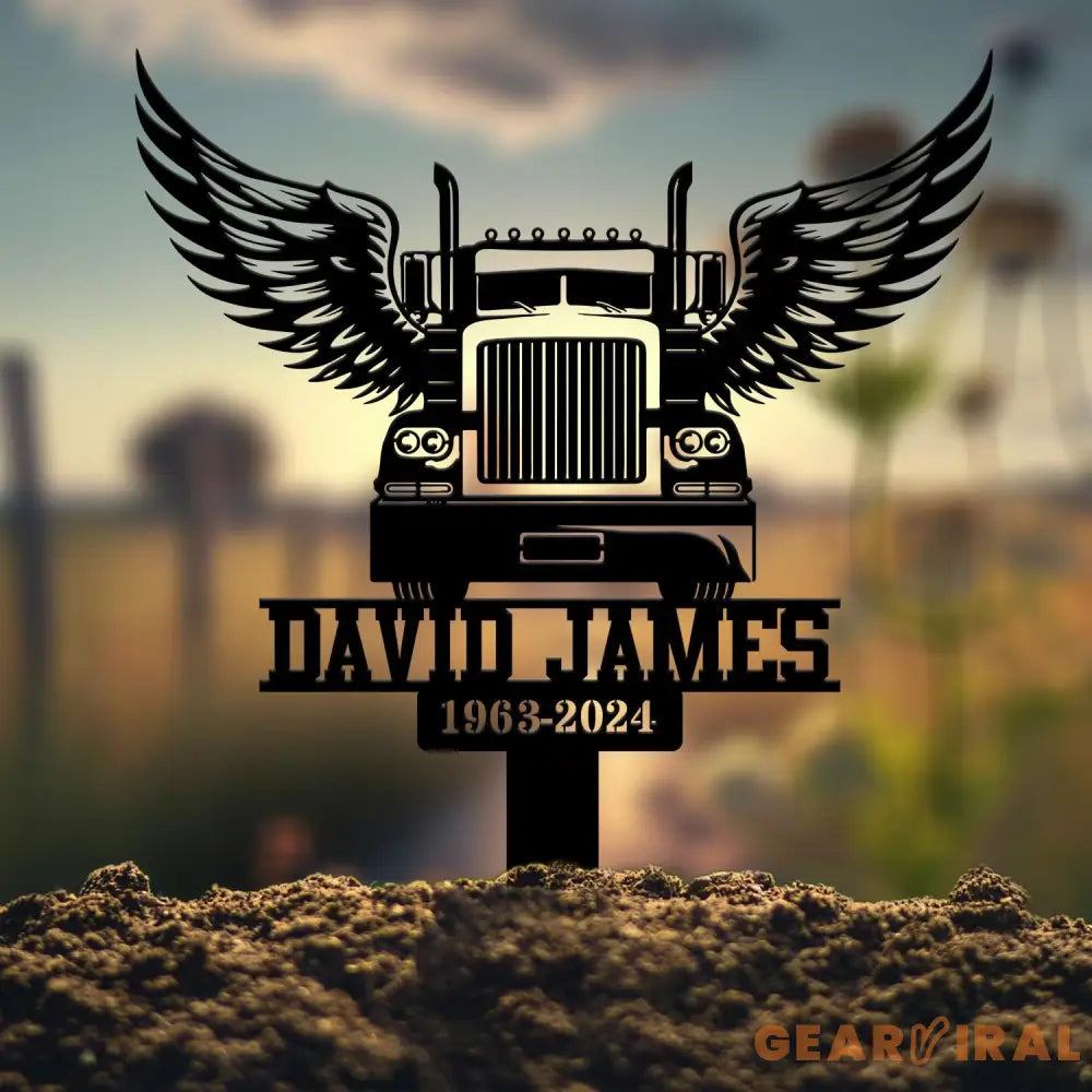 Custom Semi Truck with Wings Memorial Plaque Personalized Trucker Memorial Metal Stake Trucker Name Sign Sympathy Sign