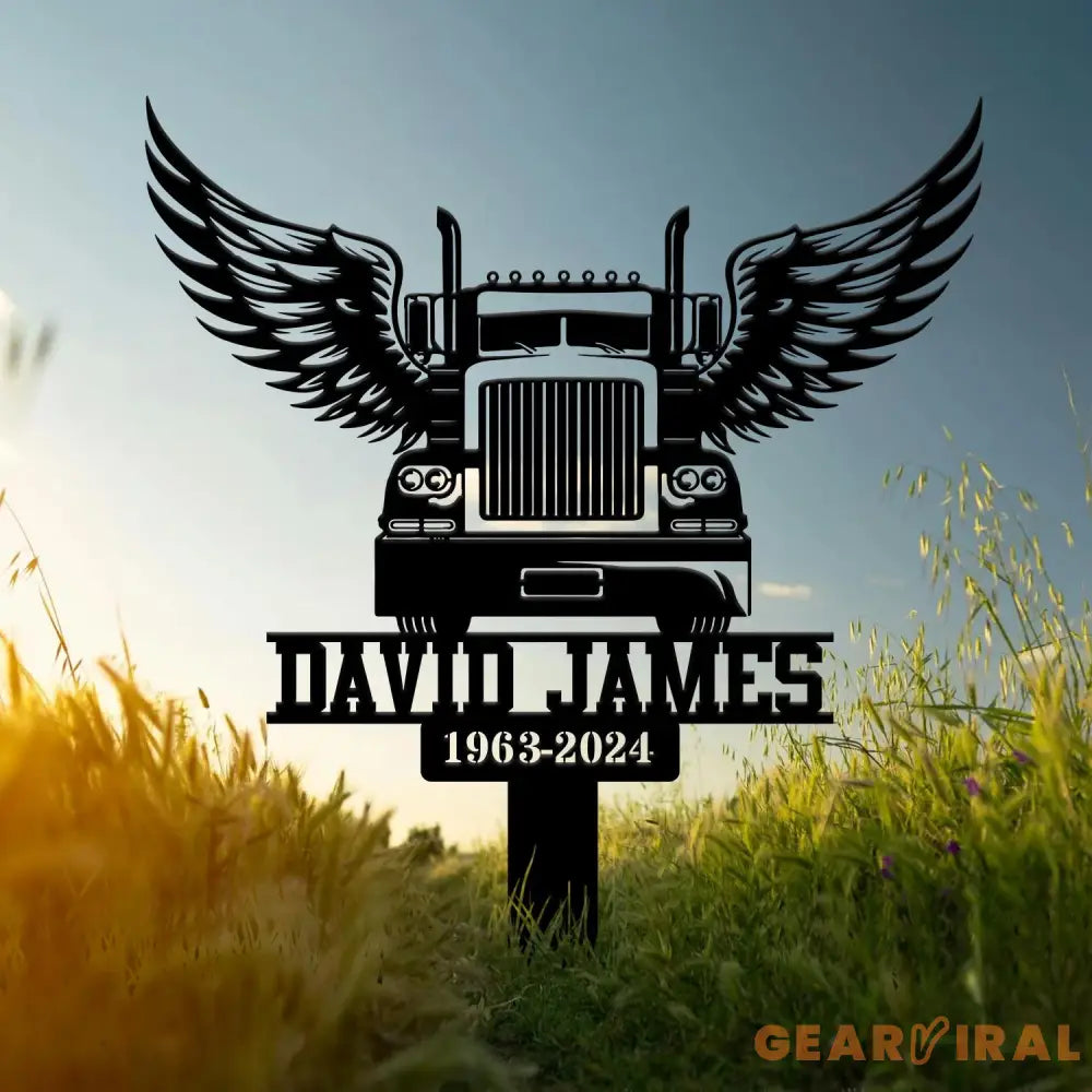 Custom Semi Truck with Wings Memorial Plaque Personalized Trucker Memorial Metal Stake Trucker Name Sign Sympathy Sign