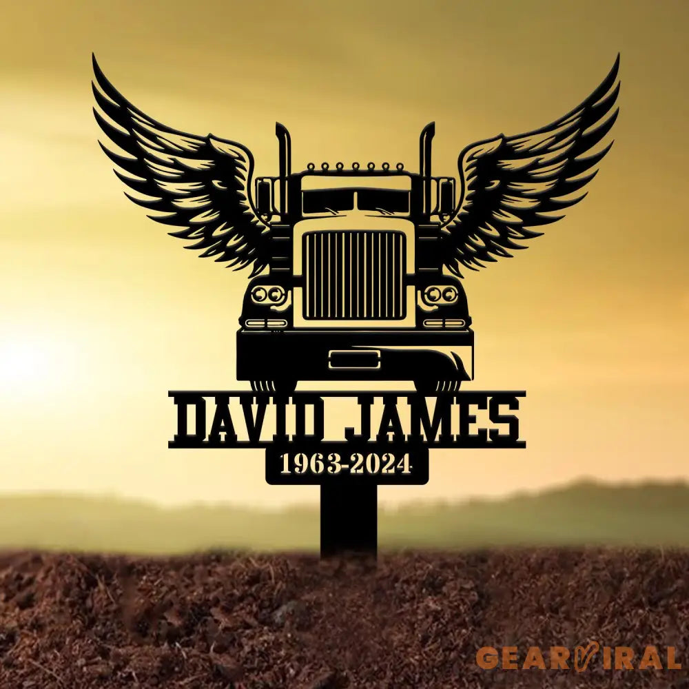 Custom Semi Truck with Wings Memorial Plaque Personalized Trucker Memorial Metal Stake Trucker Name Sign Sympathy Sign
