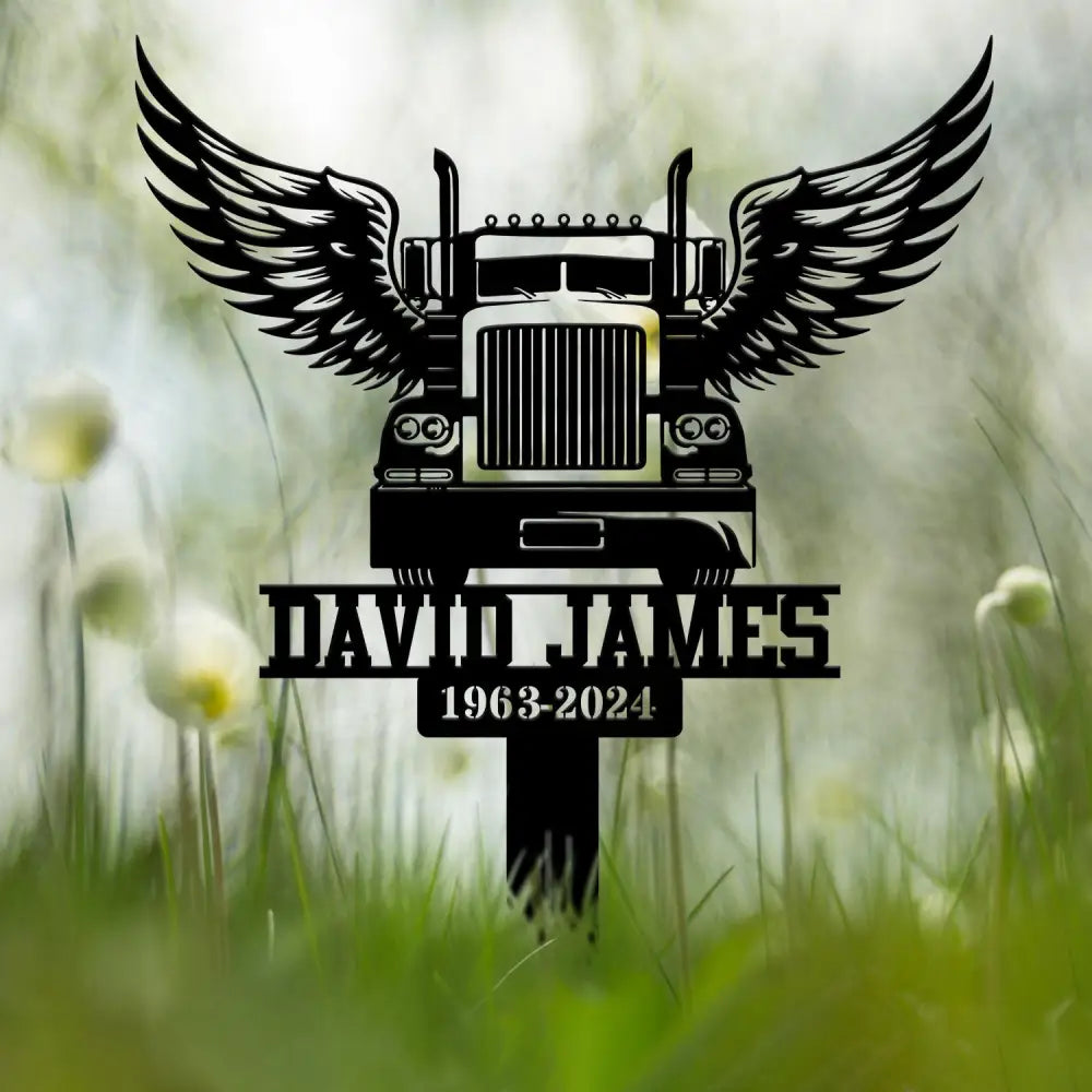 Custom Semi Truck with Wings Memorial Plaque Personalized Trucker Memorial Metal Stake Trucker Name Sign Sympathy Sign