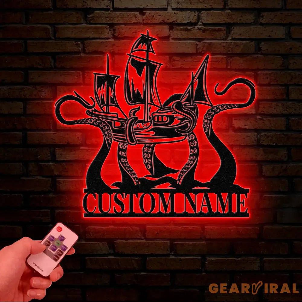 Custom Ship Octopus Metal Wall Art with LED Light – Personalized Kraken Octopus Name Sign – Ocean Sea Monster