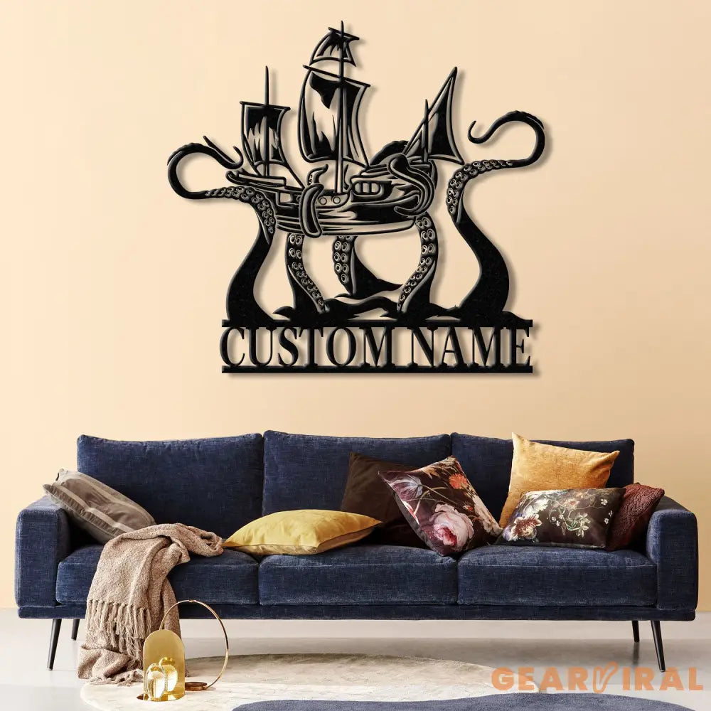 Custom Ship Octopus Metal Wall Art with LED Light – Personalized Kraken Octopus Name Sign – Ocean Sea Monster