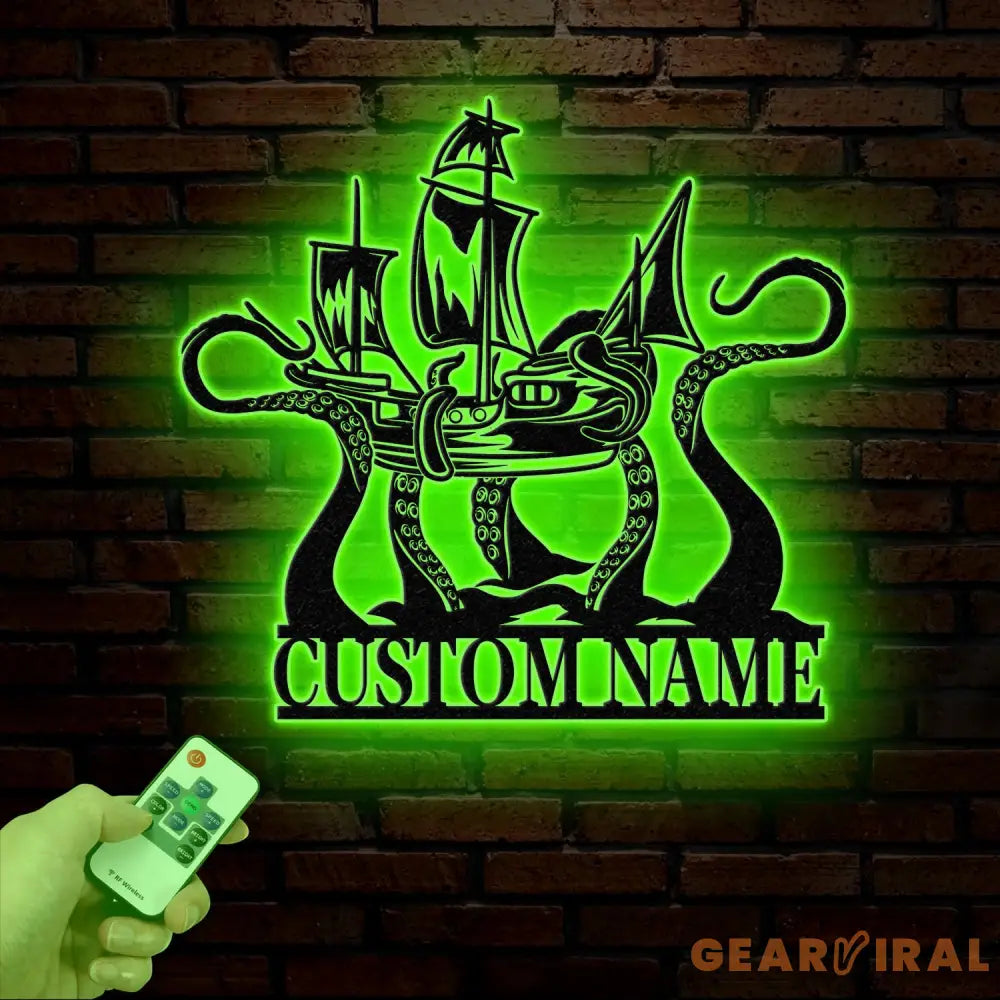 Custom Ship Octopus Metal Wall Art with LED Light – Personalized Kraken Octopus Name Sign – Ocean Sea Monster