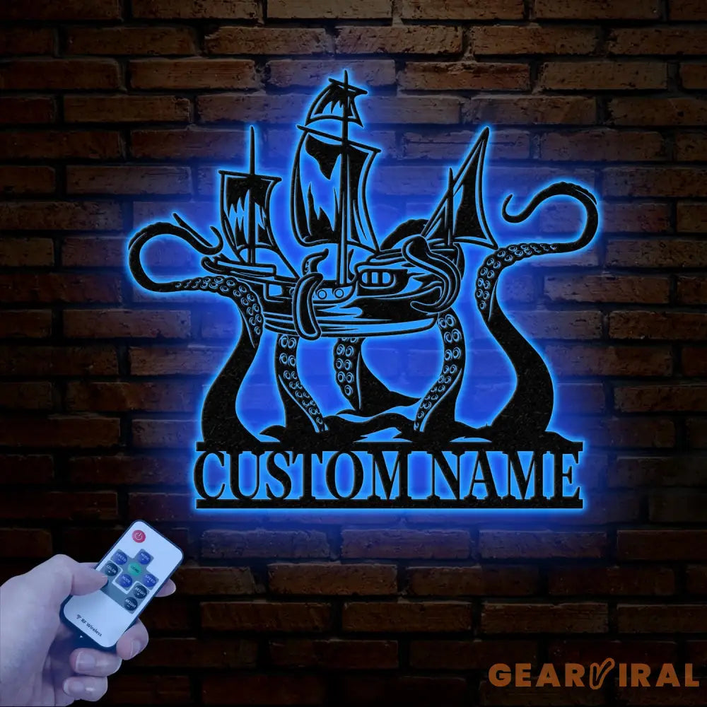 Custom Ship Octopus Metal Wall Art with LED Light – Personalized Kraken Octopus Name Sign – Ocean Sea Monster