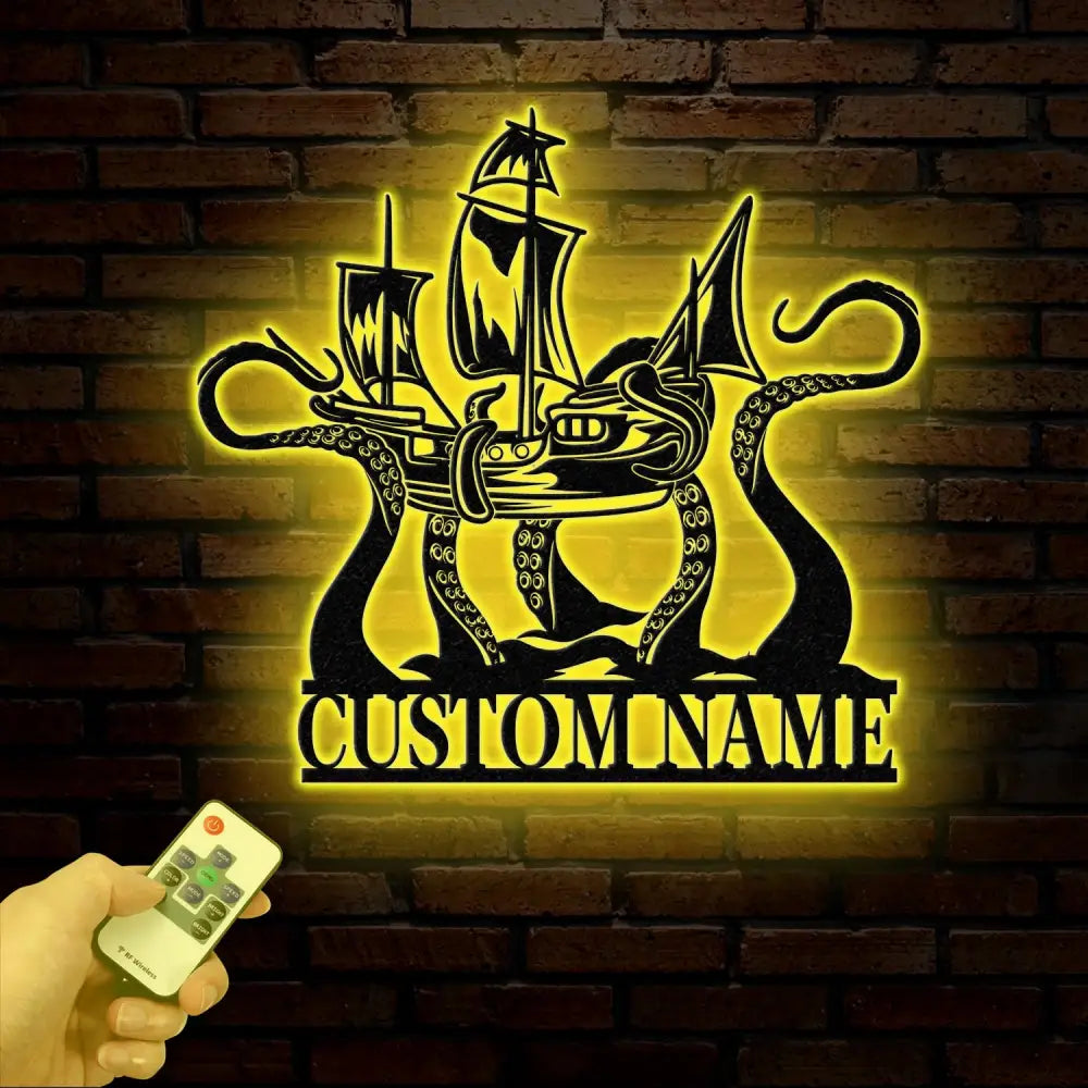 Custom Ship Octopus Metal Wall Art with LED Light – Personalized Kraken Octopus Name Sign – Ocean Sea Monster