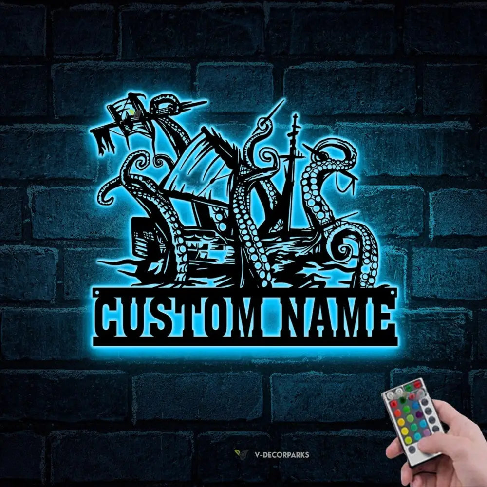 Custom Ship Octopus Tentacles Metal Wall Art LED Light Personalized Kraken Octopus Name Sign Home Decor Ocean Sea