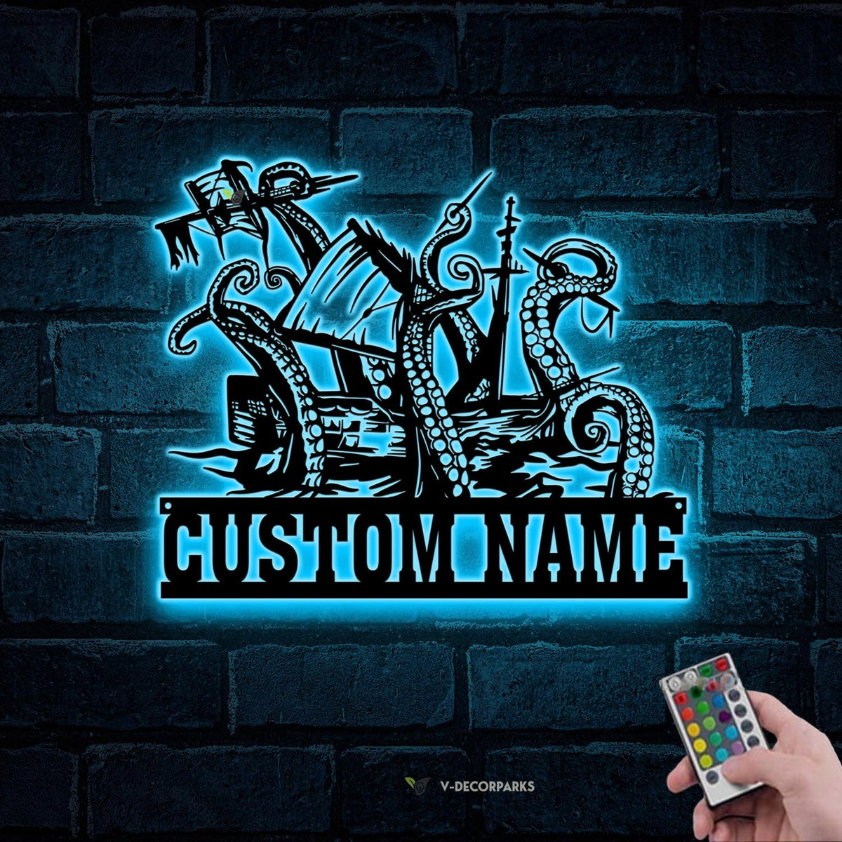 Custom Ship Octopus Tentacles Metal Wall Art LED Light Personalized Kraken Octopus Name Sign Home Decor Ocean Sea Monster Decoration Gift | GearViral