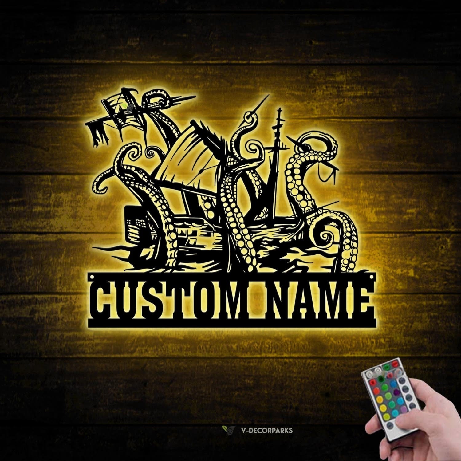 Custom Ship Octopus Tentacles Metal Wall Art LED Light Personalized Kraken Octopus Name Sign Home Decor Ocean Sea Monster Decoration Gift | GearViral