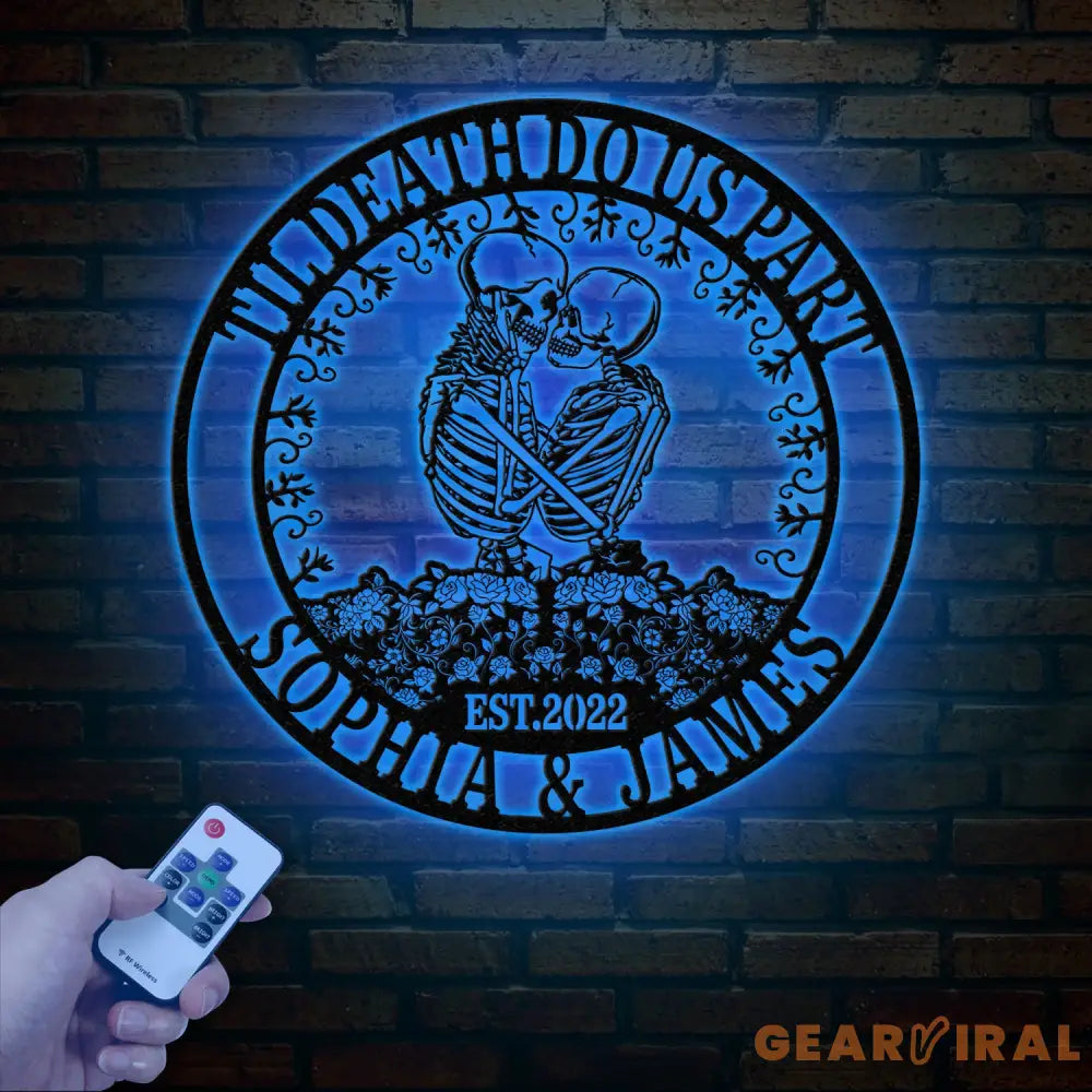 Custom Skeleton Couple Kissing Metal Wall Art with LED Light Gothic Home Decor Skull Lover Gift Halloween or